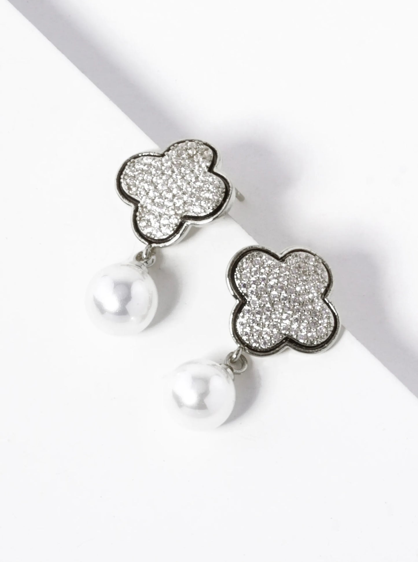 18K-Gold-Dipped Pearl Drop CZ Pave Quatrefoil Dangle 925 Sterling Silver Post Earrings