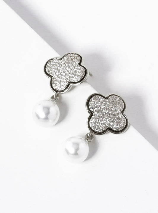 18K-Gold-Dipped Pearl Drop CZ Pave Quatrefoil Dangle 925 Sterling Silver Post Earrings