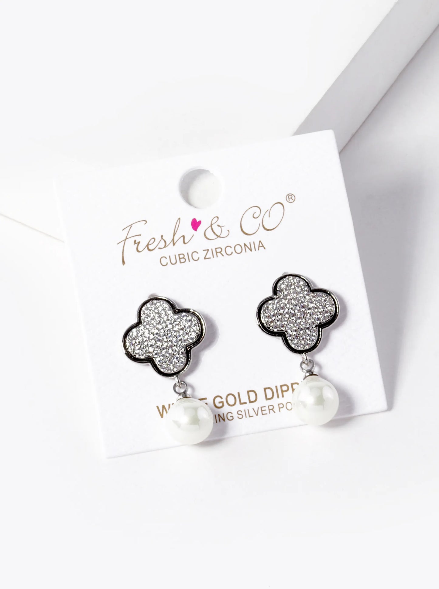 18K-Gold-Dipped Pearl Drop CZ Pave Quatrefoil Dangle 925 Sterling Silver Post Earrings