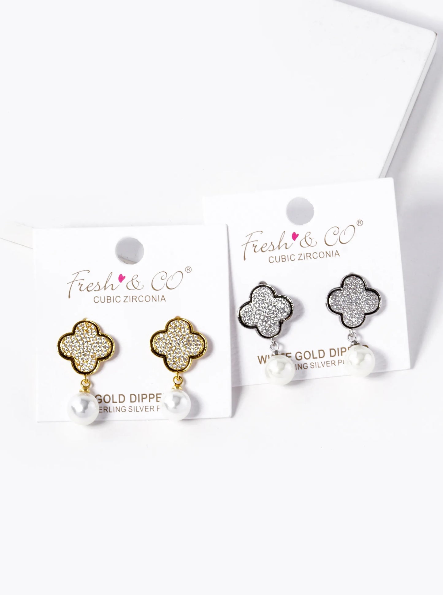 18K-Gold-Dipped Pearl Drop CZ Pave Quatrefoil Dangle 925 Sterling Silver Post Earrings