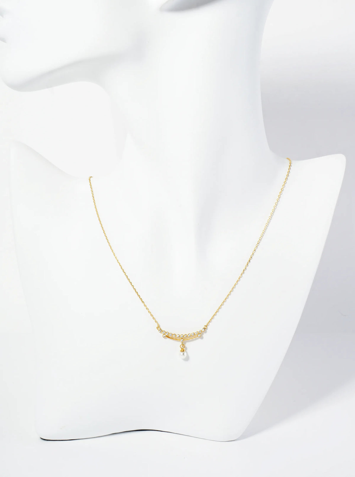 18K Gold Dipped Pearl Drop Curved CZ Bar Pendant Necklace