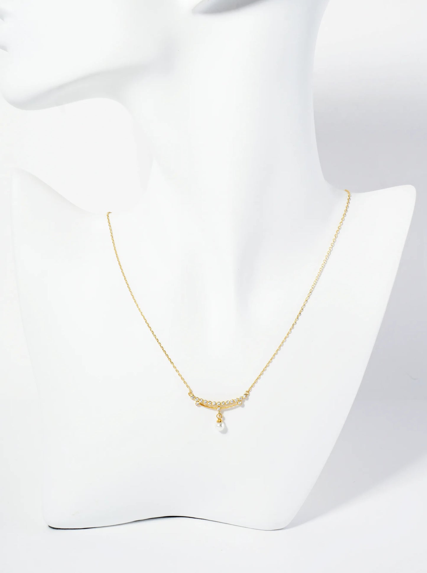 18K Gold Dipped Pearl Drop Curved CZ Bar Pendant Necklace