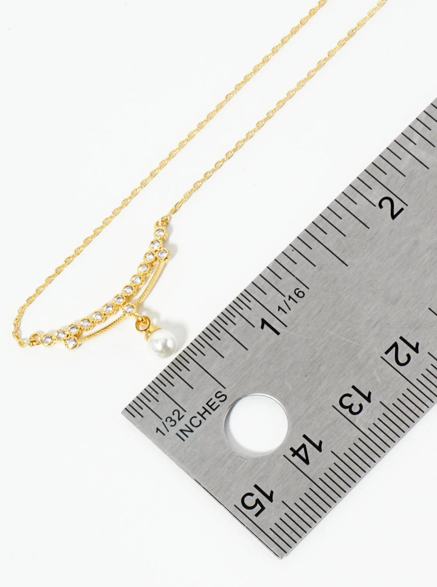 18K Gold Dipped Pearl Drop Curved CZ Bar Pendant Necklace