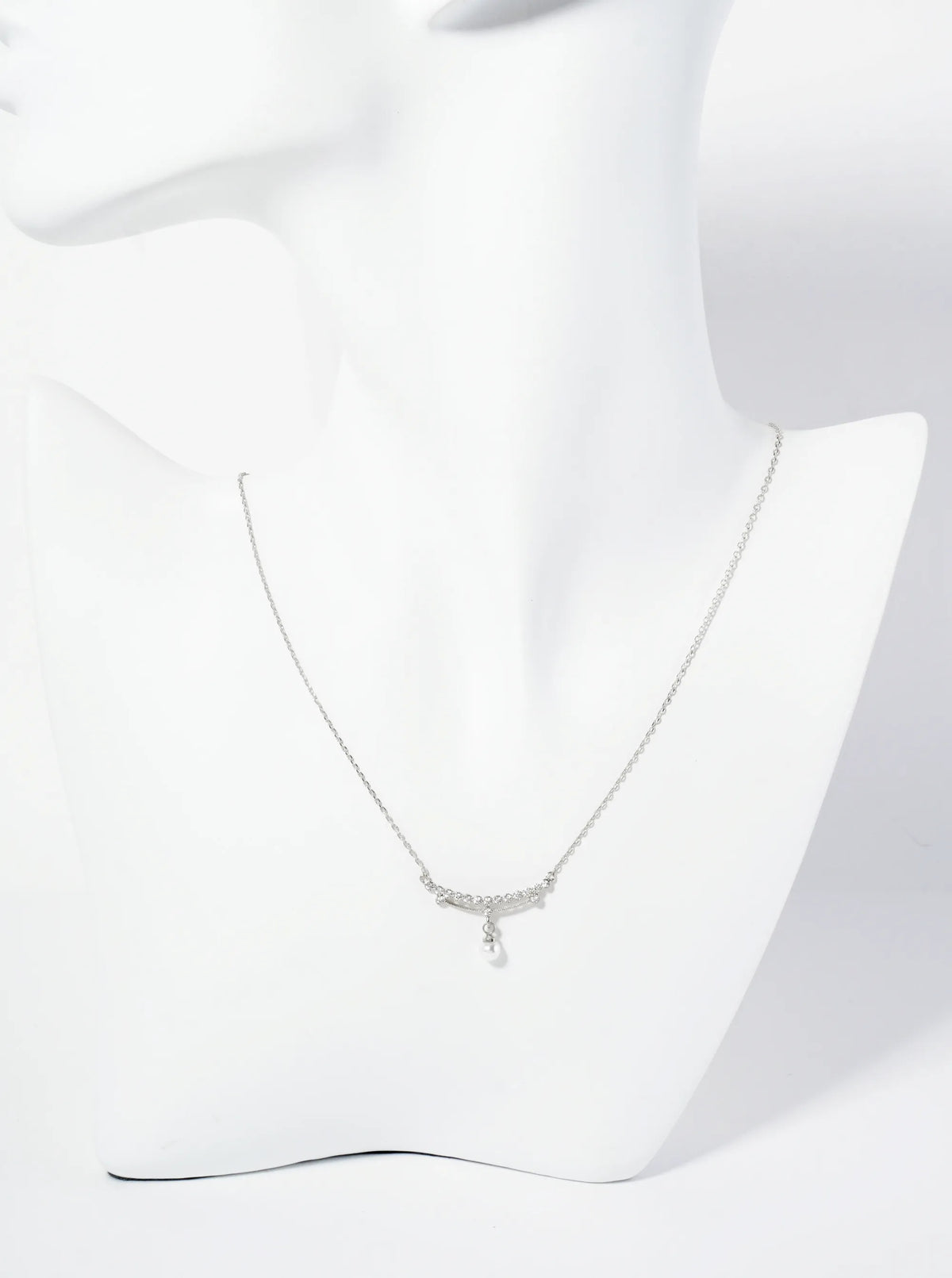 18K Gold Dipped Pearl Drop Curved CZ Bar Pendant Necklace
