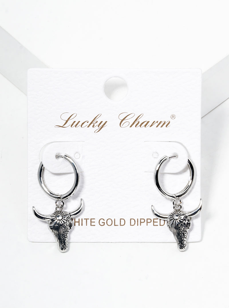 18K Gold Dipped Picturesque Scene Engraved Bull Head Drop 12mm Huggie Hoop Earrings