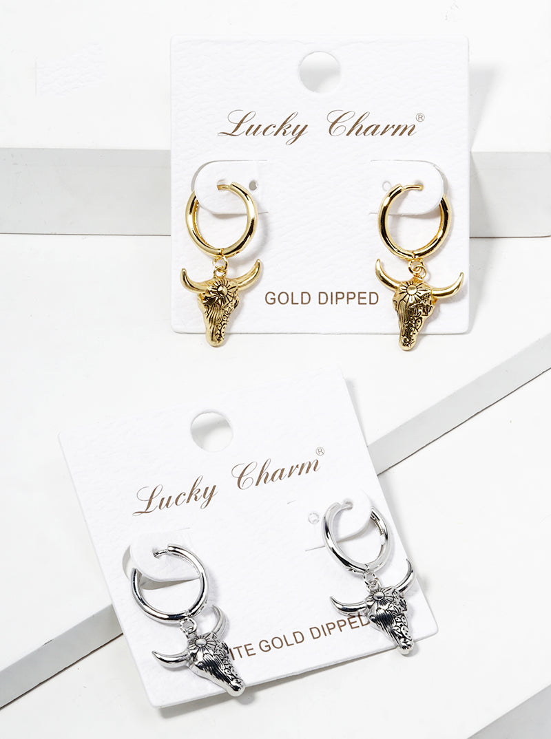 18K Gold Dipped Picturesque Scene Engraved Bull Head Drop 12mm Huggie Hoop Earrings