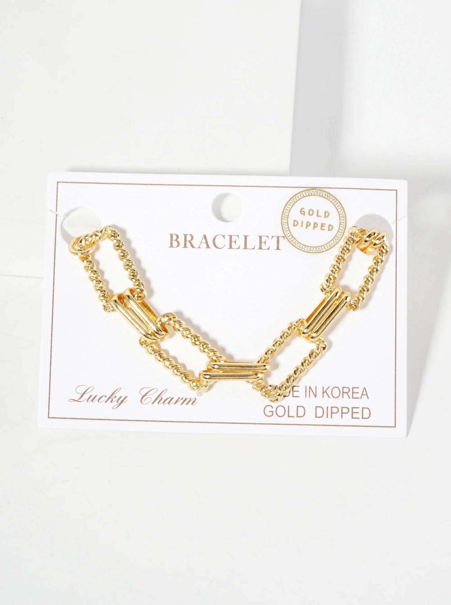 18K-Gold-Dipped Polished Brass 19-14mm Rope-Texture Rectangle Chain Bracelet