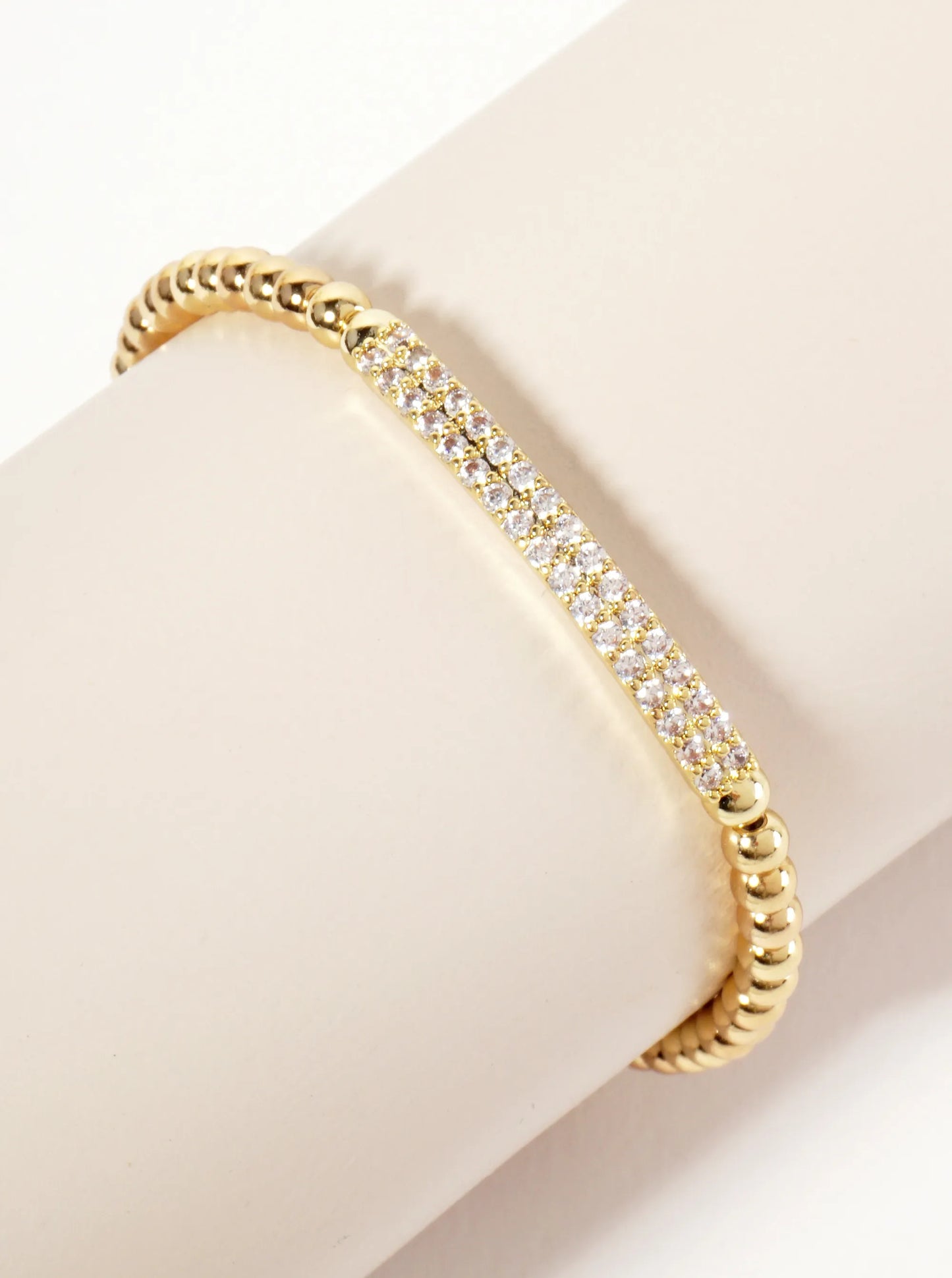 18K-Gold-Dipped Polished Brass 4mm Beaded Stretch Bracelet With CZ Pave-Set Curved Bar Accent