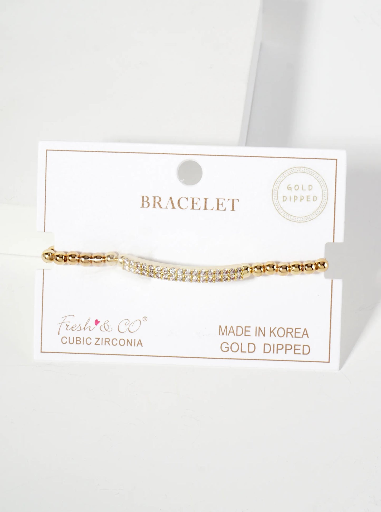 18K-Gold-Dipped Polished Brass 4mm Beaded Stretch Bracelet With CZ Pave-Set Curved Bar Accent