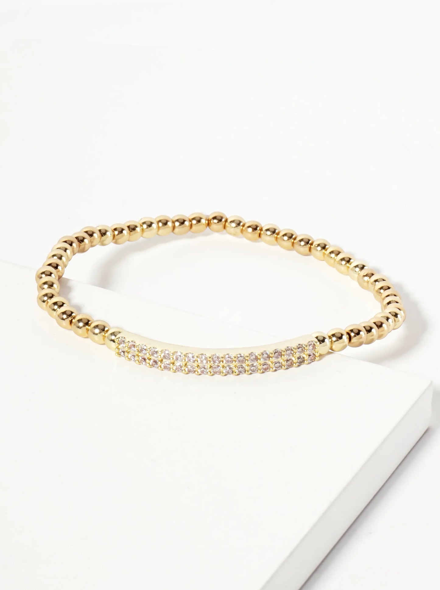 18K-Gold-Dipped Polished Brass 4mm Beaded Stretch Bracelet With CZ Pave-Set Curved Bar Accent