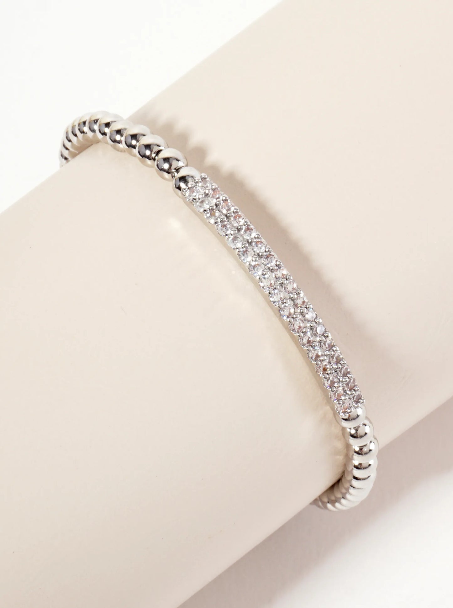 18K-Gold-Dipped Polished Brass 4mm Beaded Stretch Bracelet With CZ Pave-Set Curved Bar Accent