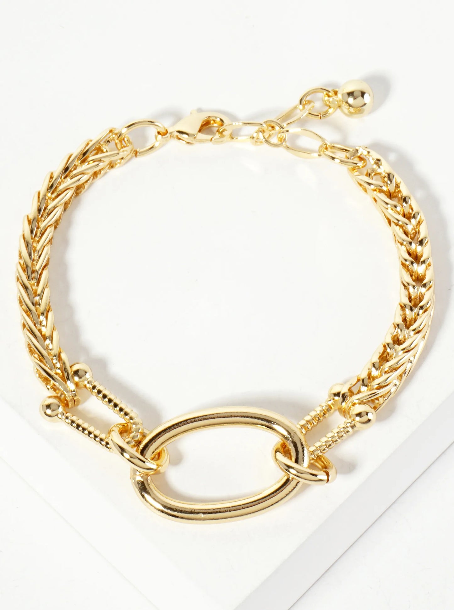18K-Gold-Dipped Polished Brass 5mm Wheat-Chain Bracelet With 25mm Oval Accents