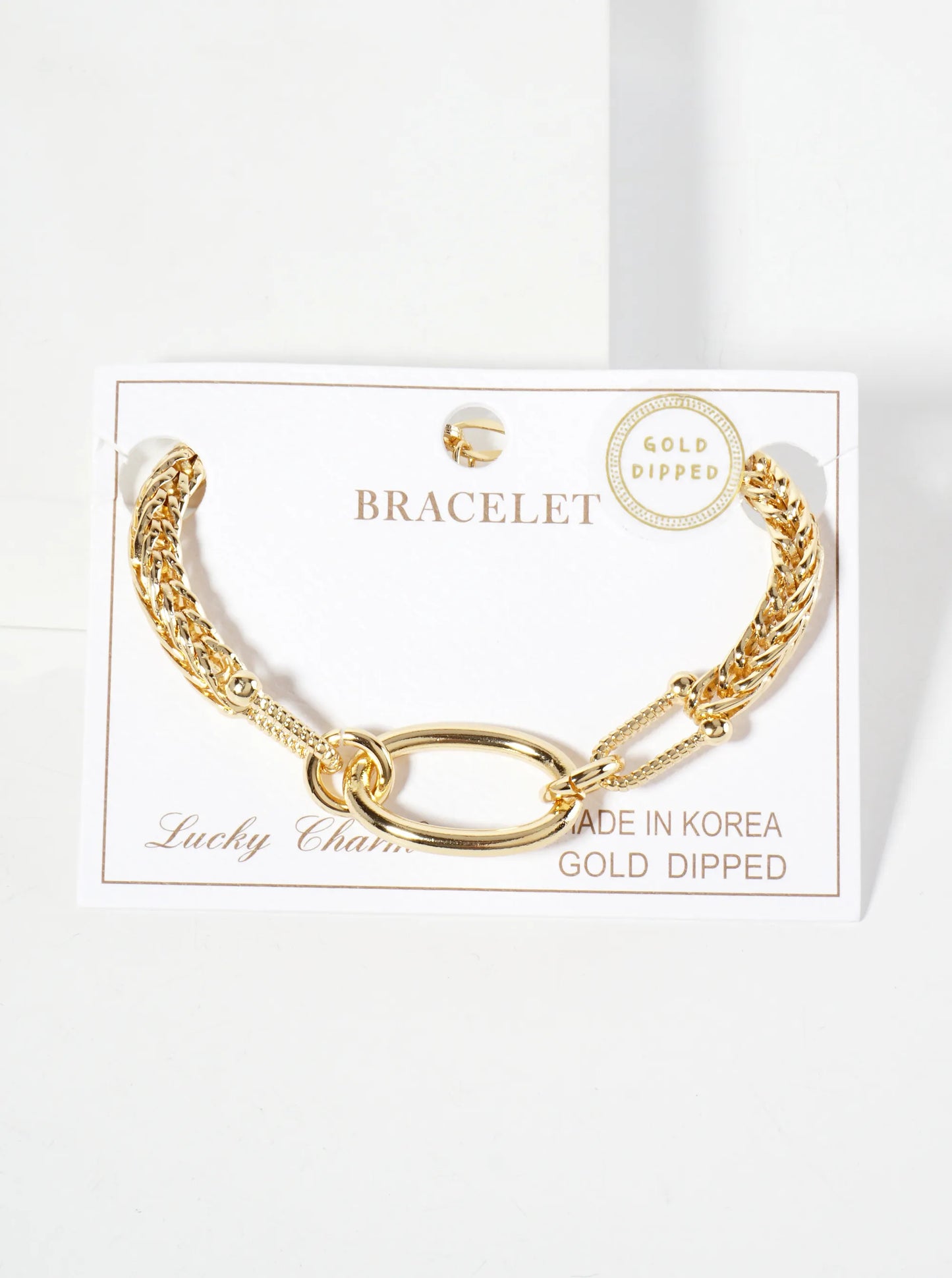 18K-Gold-Dipped Polished Brass 5mm Wheat-Chain Bracelet With 25mm Oval Accents