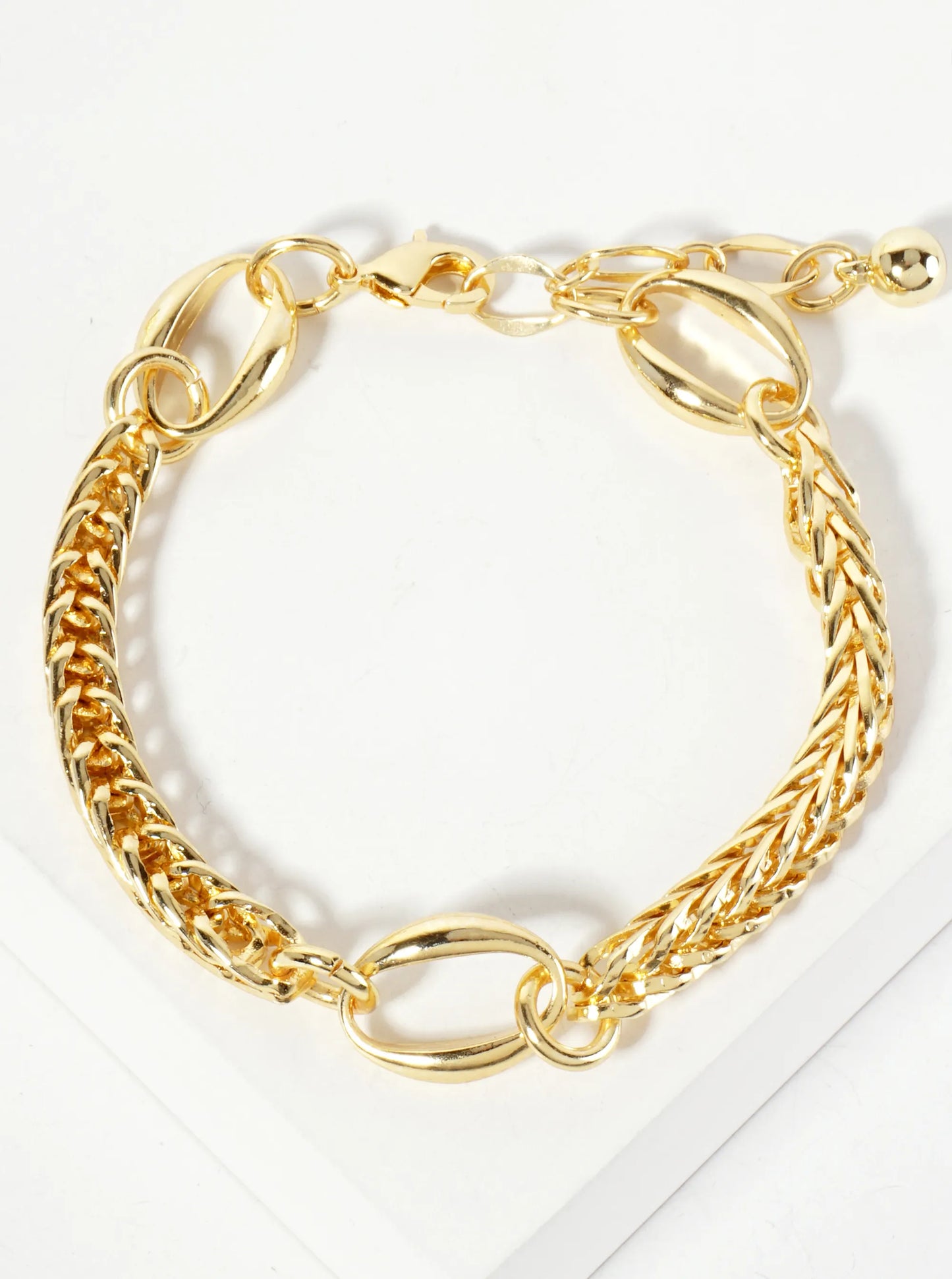 18K-Gold-Dipped Polished Brass 5mm Wheat-Chain Bracelet With Three Oval Accents