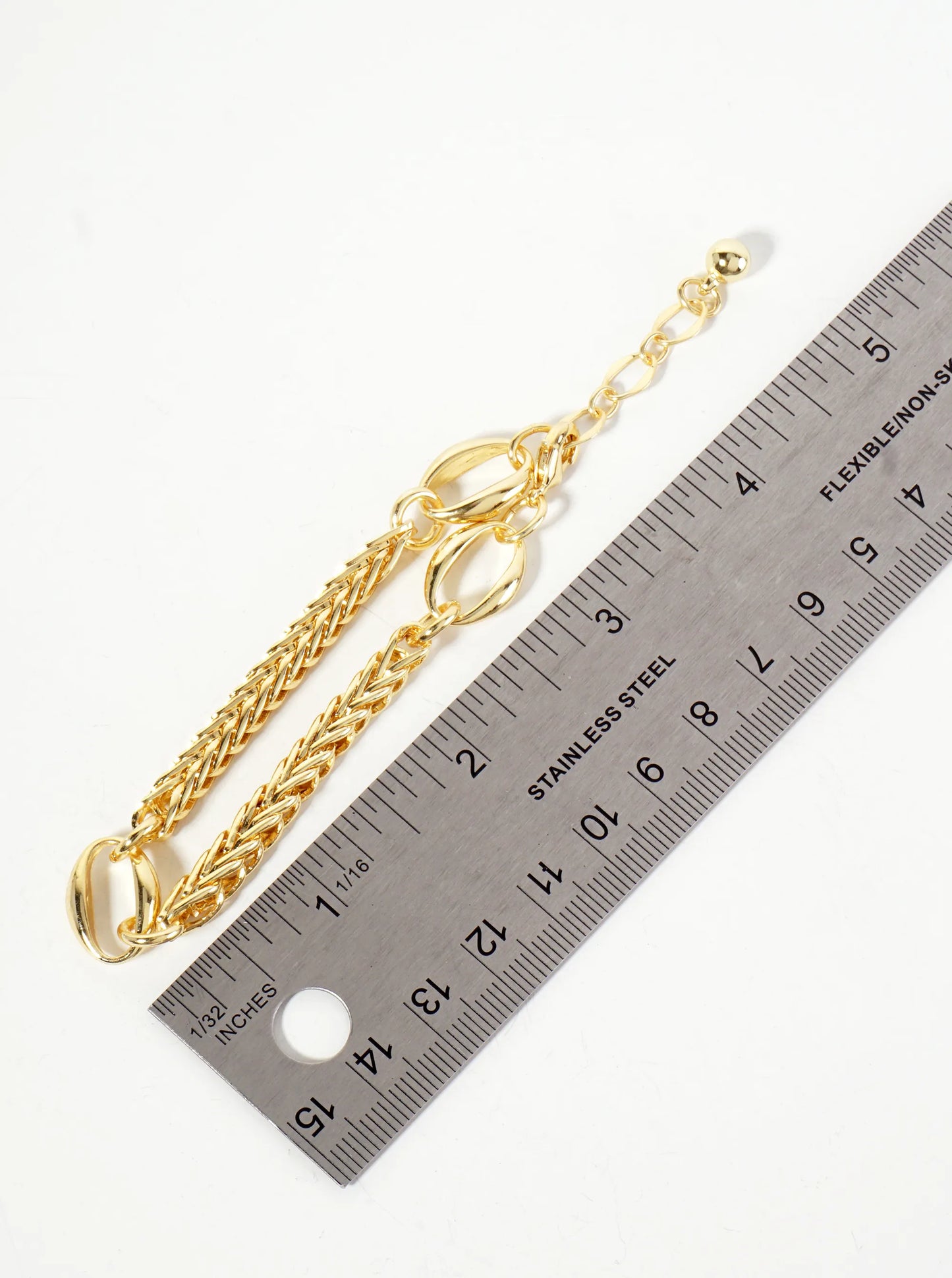 18K-Gold-Dipped Polished Brass 5mm Wheat-Chain Bracelet With Three Oval Accents