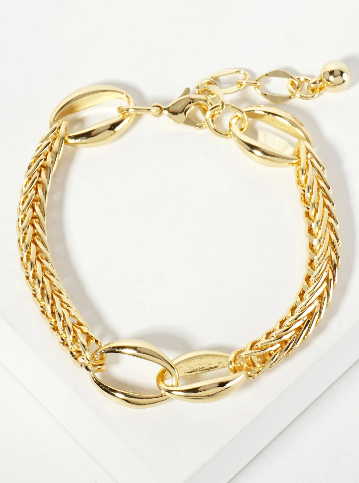 18K-Gold-Dipped Polished Brass 5mm Wheat-Chain Bracelet With Two Interlocking Oval Accents