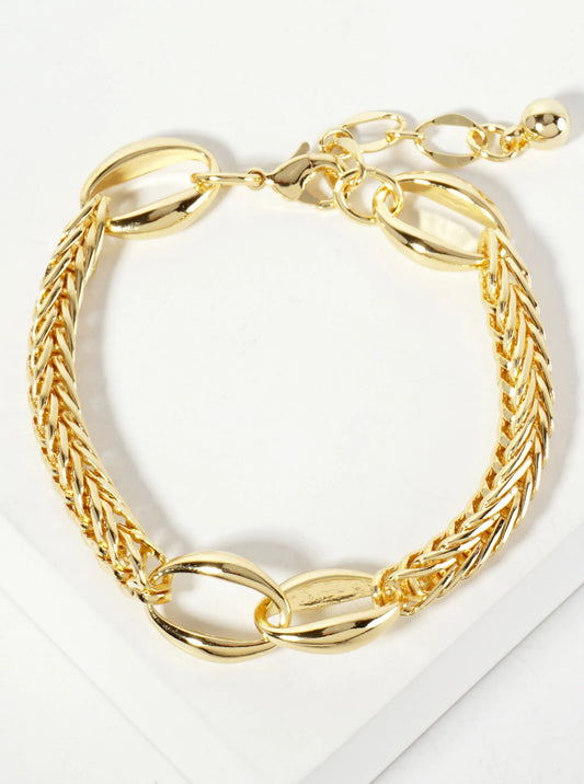 18K-Gold-Dipped Polished Brass 5mm Wheat-Chain Bracelet With Two Interlocking Oval Accents