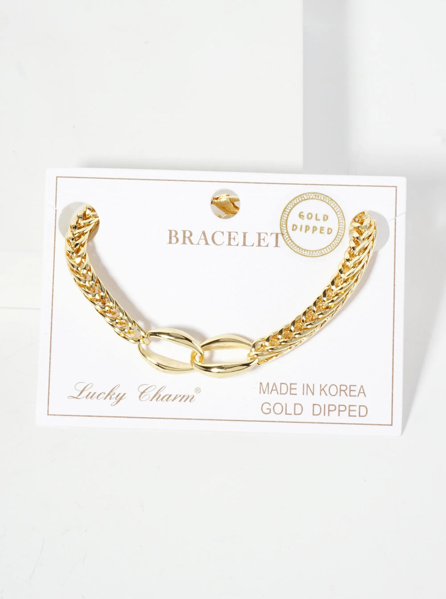 18K-Gold-Dipped Polished Brass 5mm Wheat-Chain Bracelet With Two Interlocking Oval Accents