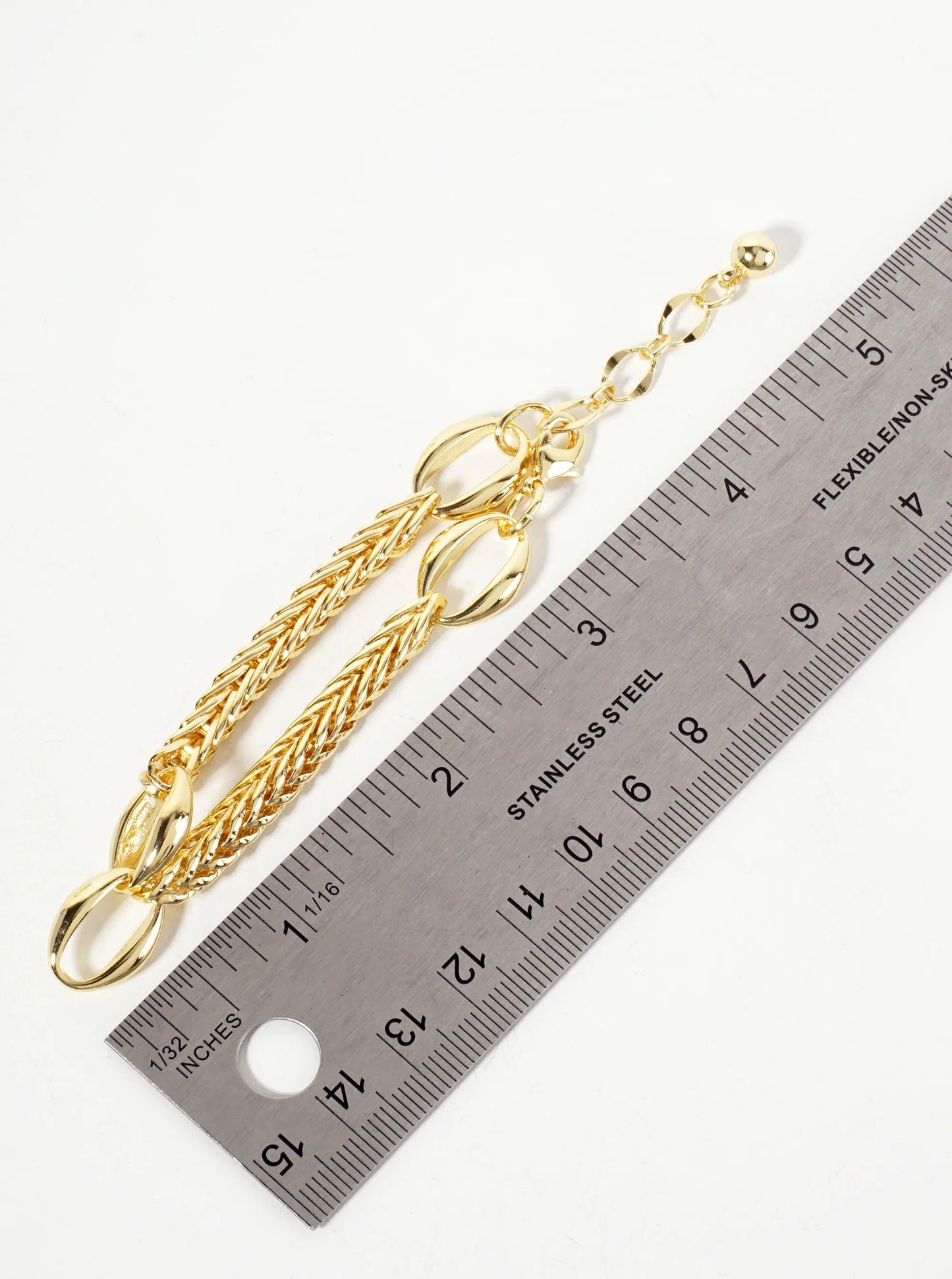 18K-Gold-Dipped Polished Brass 5mm Wheat-Chain Bracelet With Two Interlocking Oval Accents
