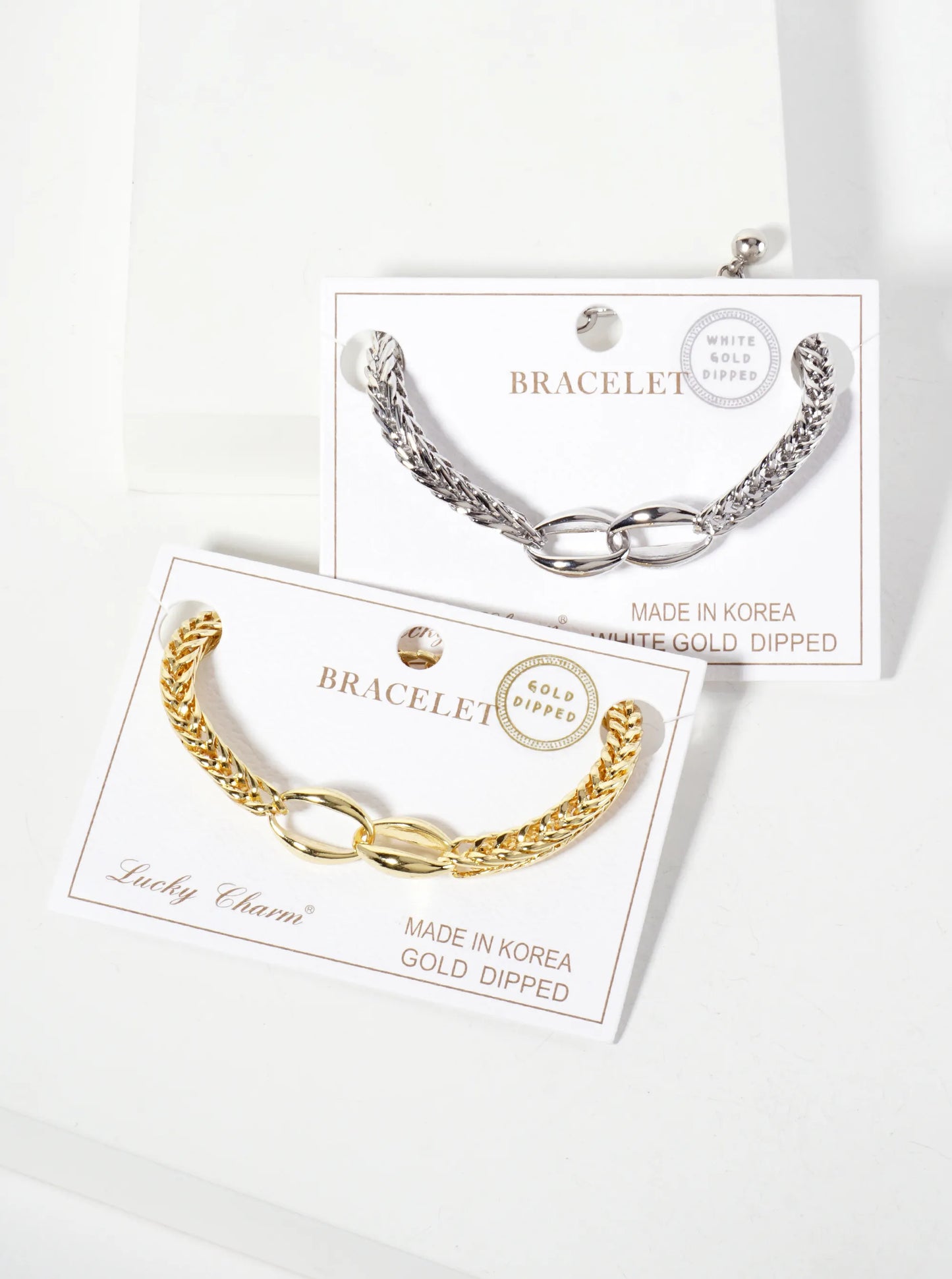 18K-Gold-Dipped Polished Brass 5mm Wheat-Chain Bracelet With Two Interlocking Oval Accents