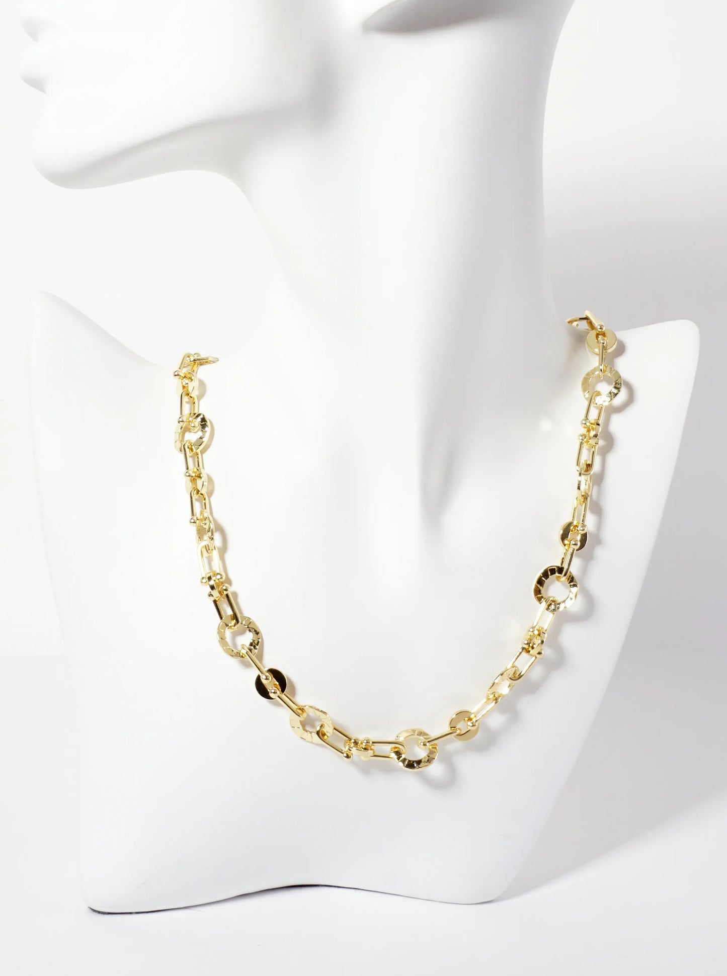 18K-Gold-Dipped Polished Brass Textured Circle Links With HardWear Chain Necklace
