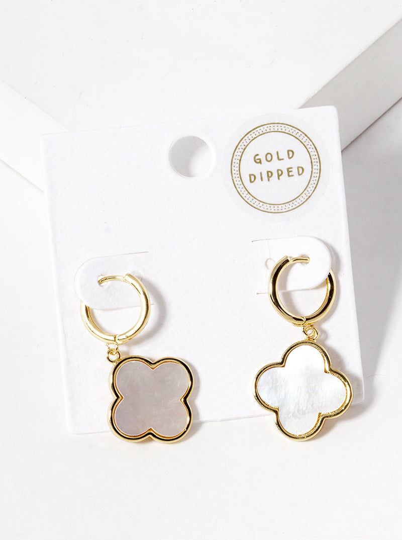 18K Gold Dipped Quatrefoil Drop Huggie Hoop Earrings