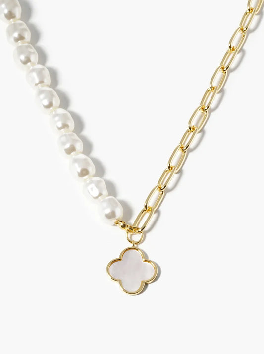 18K-Gold-Dipped Quatrefoil Half Pearl Chain Necklace