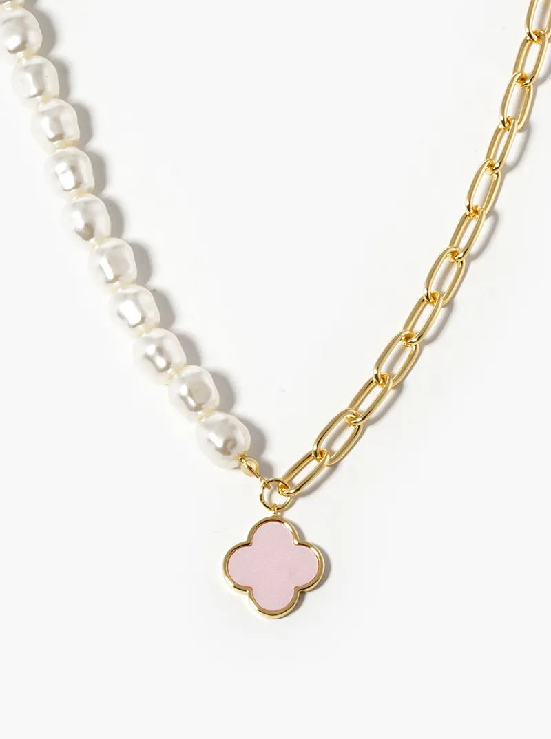 18K-Gold-Dipped Quatrefoil Half Pearl Chain Necklace