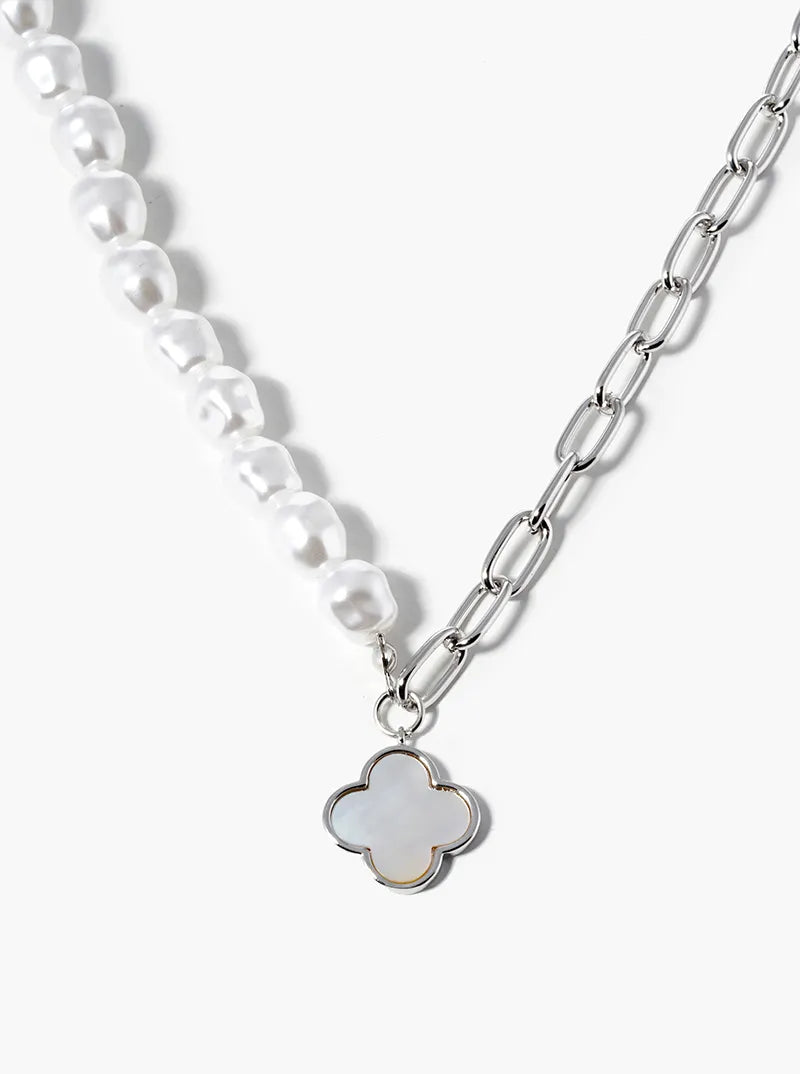18K-Gold-Dipped Quatrefoil Half Pearl Chain Necklace