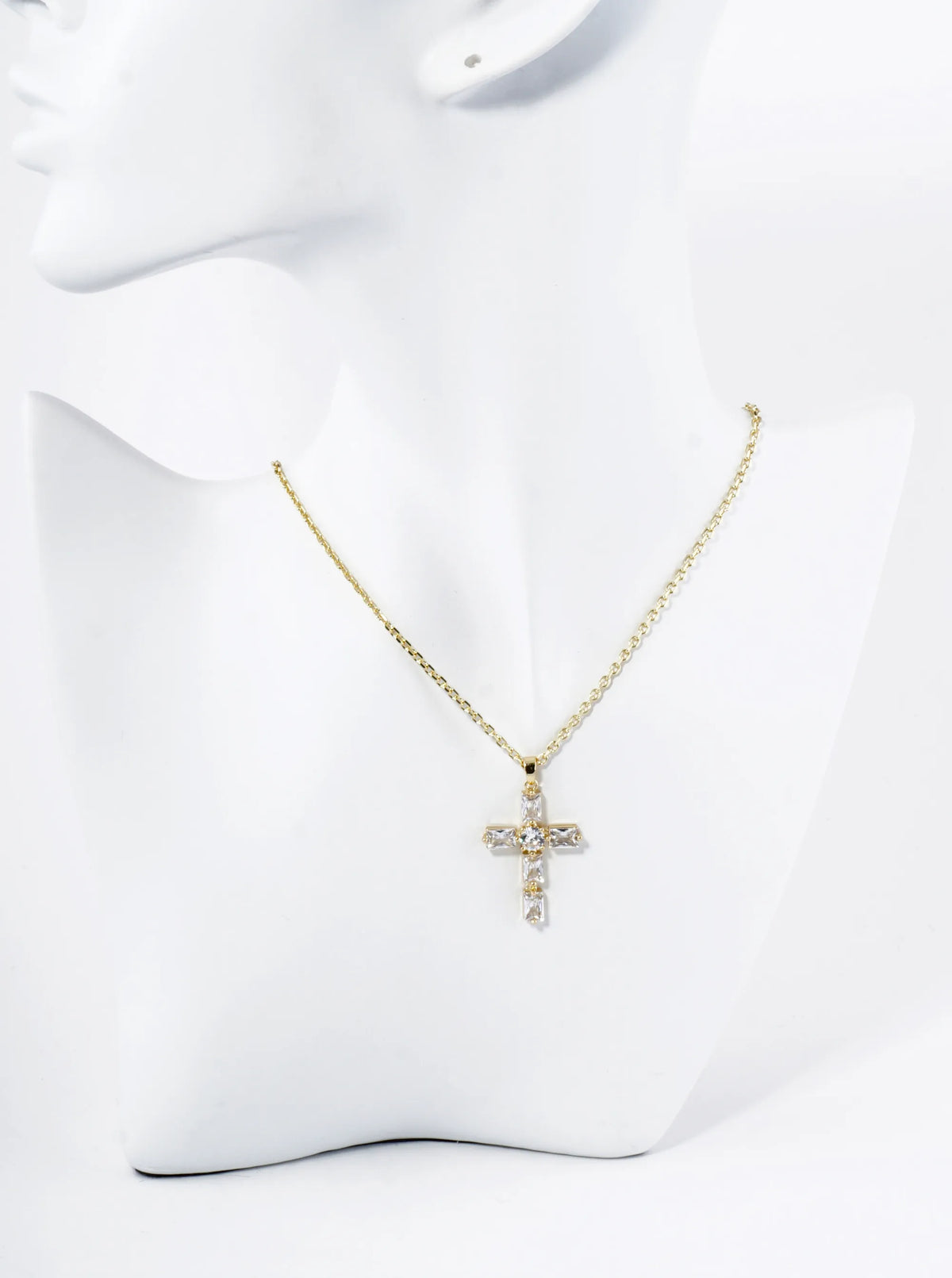 18K Gold Dipped Rectangular Cubic Zirconia Cross Pendant Necklace