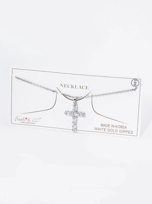 18K Gold Dipped Rectangular Cubic Zirconia Cross Pendant Necklace