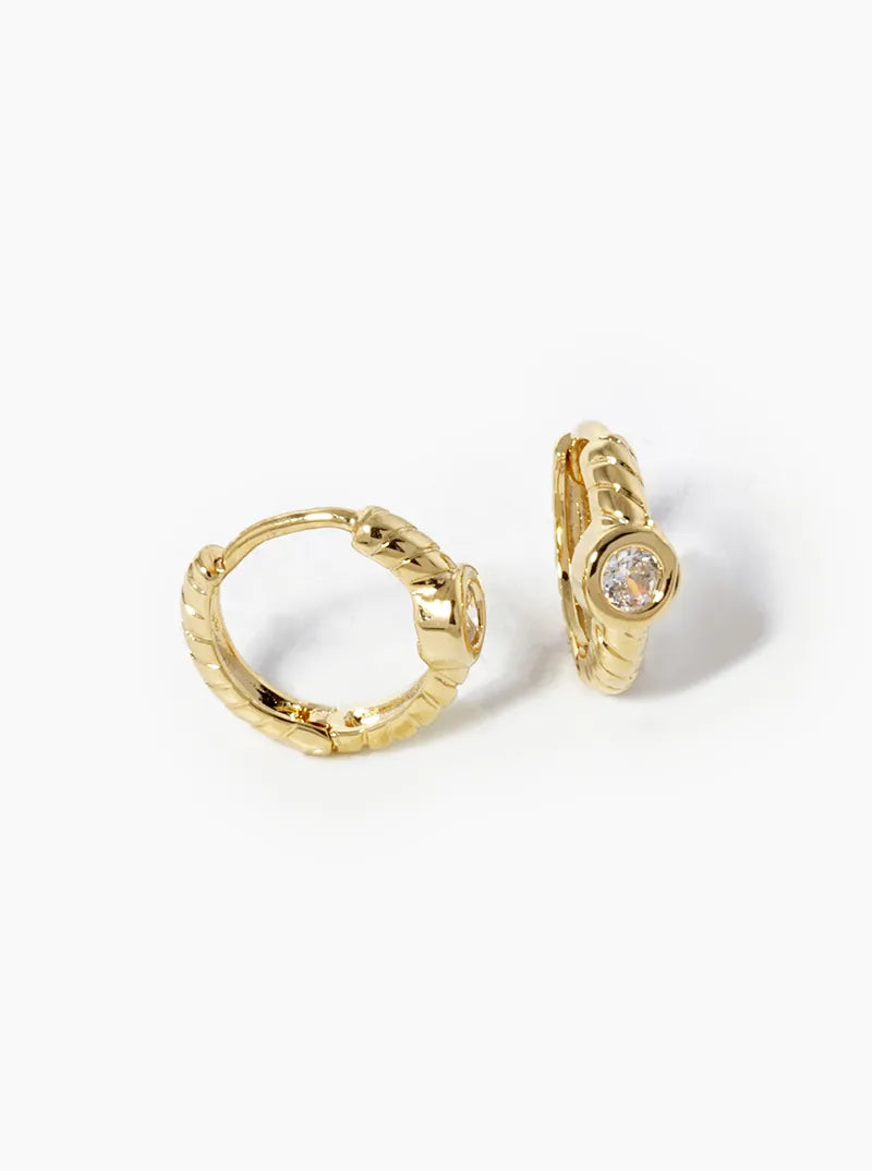 18K Gold Dipped Round CZ Stone 11mm Textured Huggie Hoop Earrings