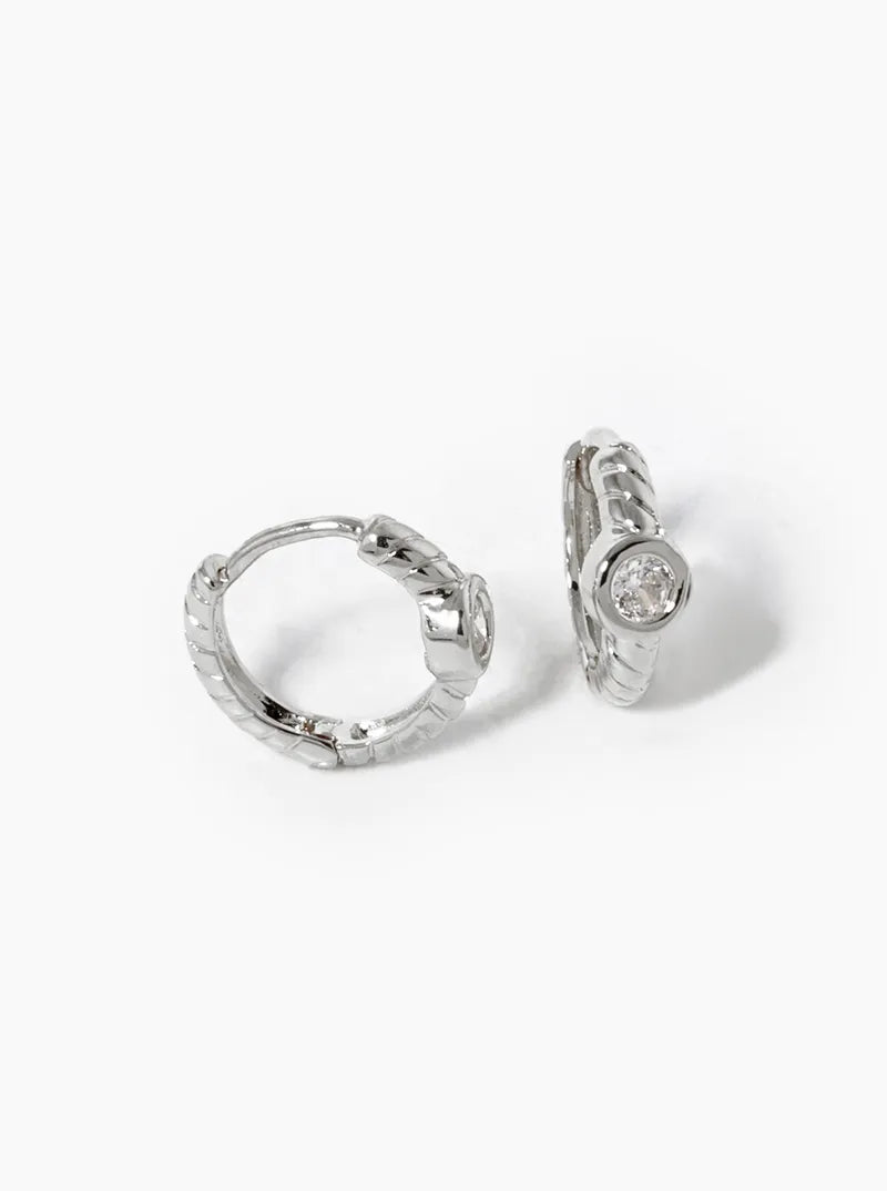 18K Gold Dipped Round CZ Stone 11mm Textured Huggie Hoop Earrings