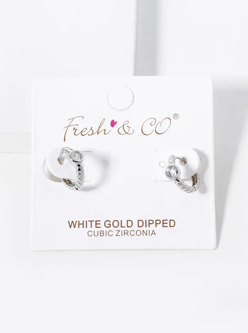 18K Gold Dipped Round CZ Stone 11mm Textured Huggie Hoop Earrings