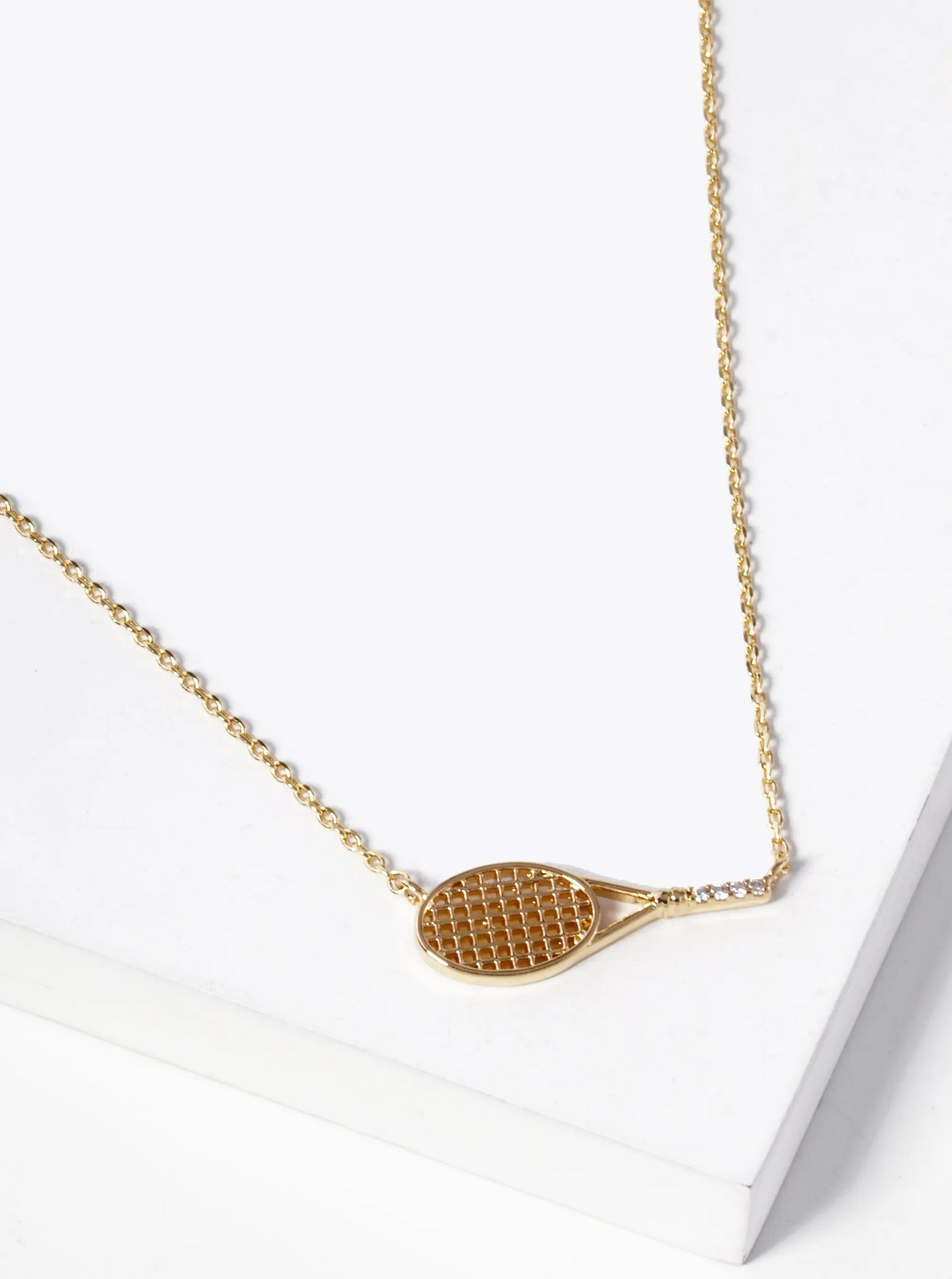18K Gold Dipped Sideways Tennis Racket With A CZ Stone Pendant Necklace