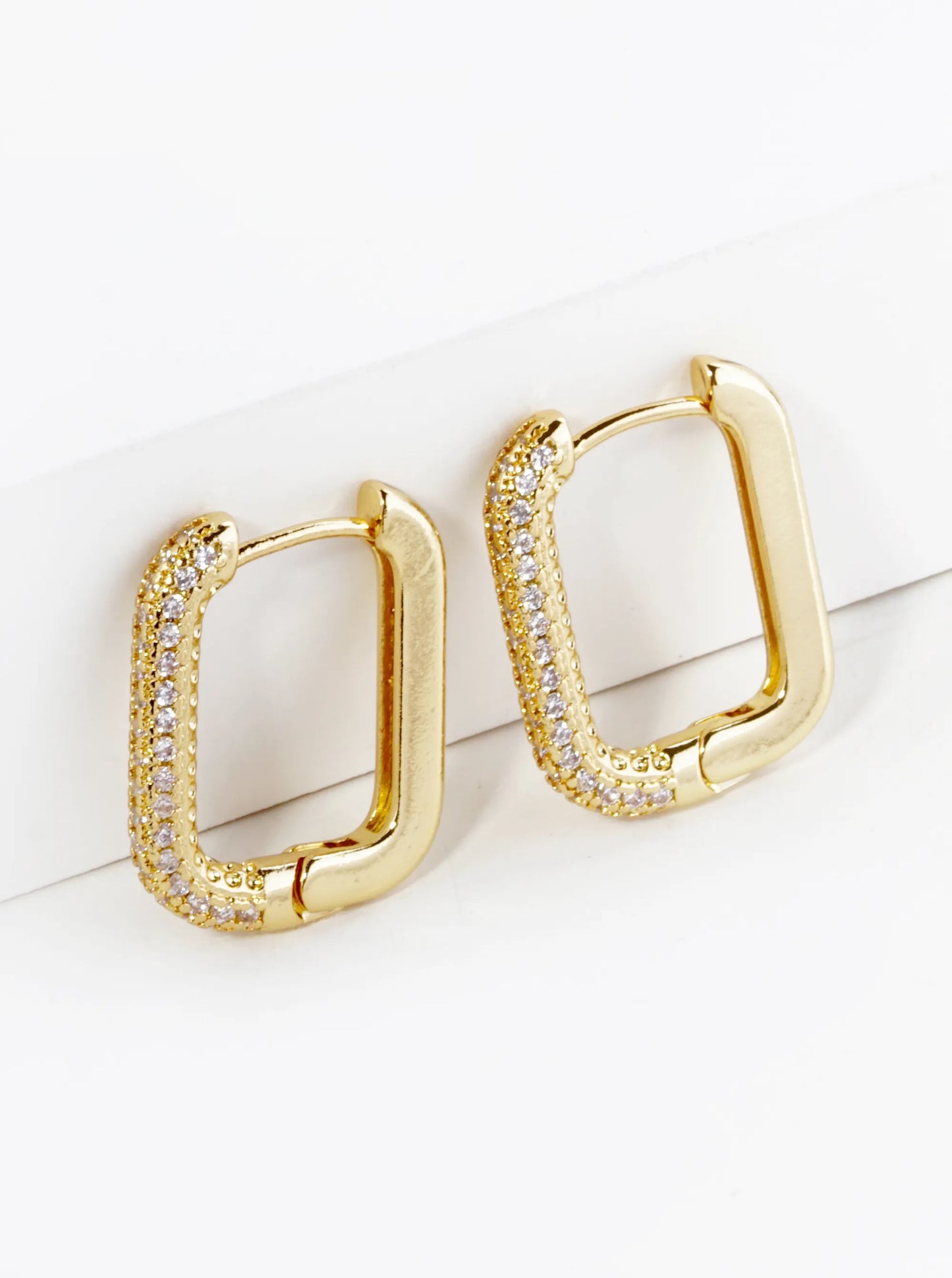 18K Gold Dipped Small Cubic Zirconia Pave Rectangular Drop 15mm Huggie Hoop Earrings