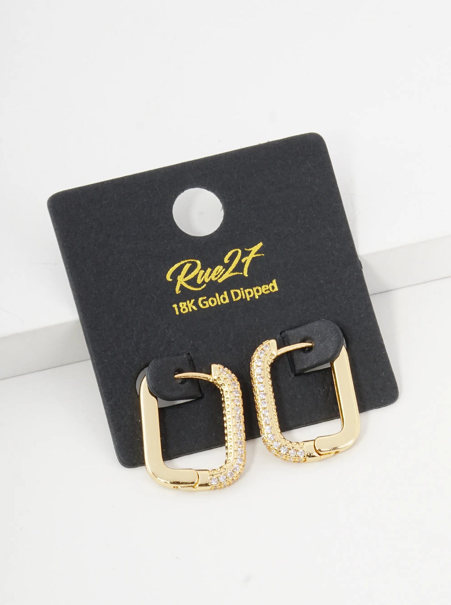 18K Gold Dipped Small Cubic Zirconia Pave Rectangular Drop 15mm Huggie Hoop Earrings