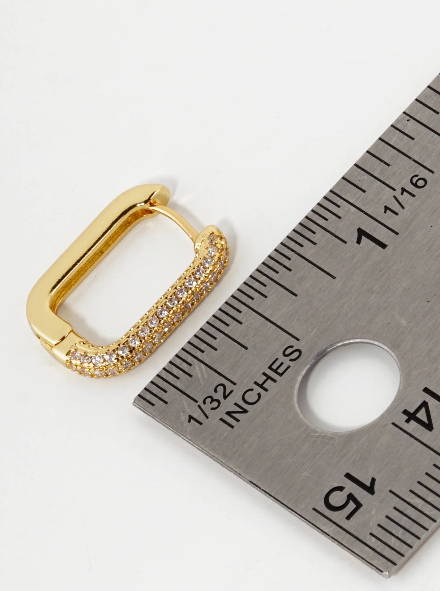 18K Gold Dipped Small Cubic Zirconia Pave Rectangular Drop 15mm Huggie Hoop Earrings
