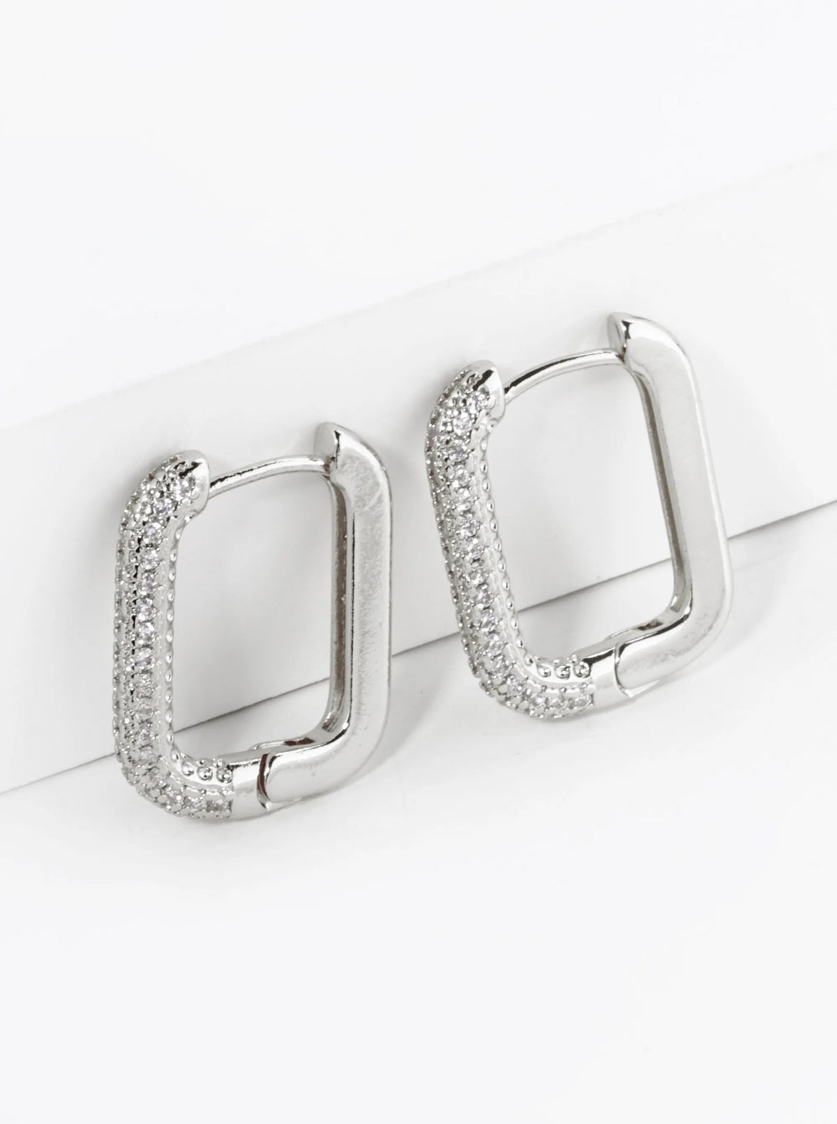 18K Gold Dipped Small Cubic Zirconia Pave Rectangular Drop 15mm Huggie Hoop Earrings Rhodium