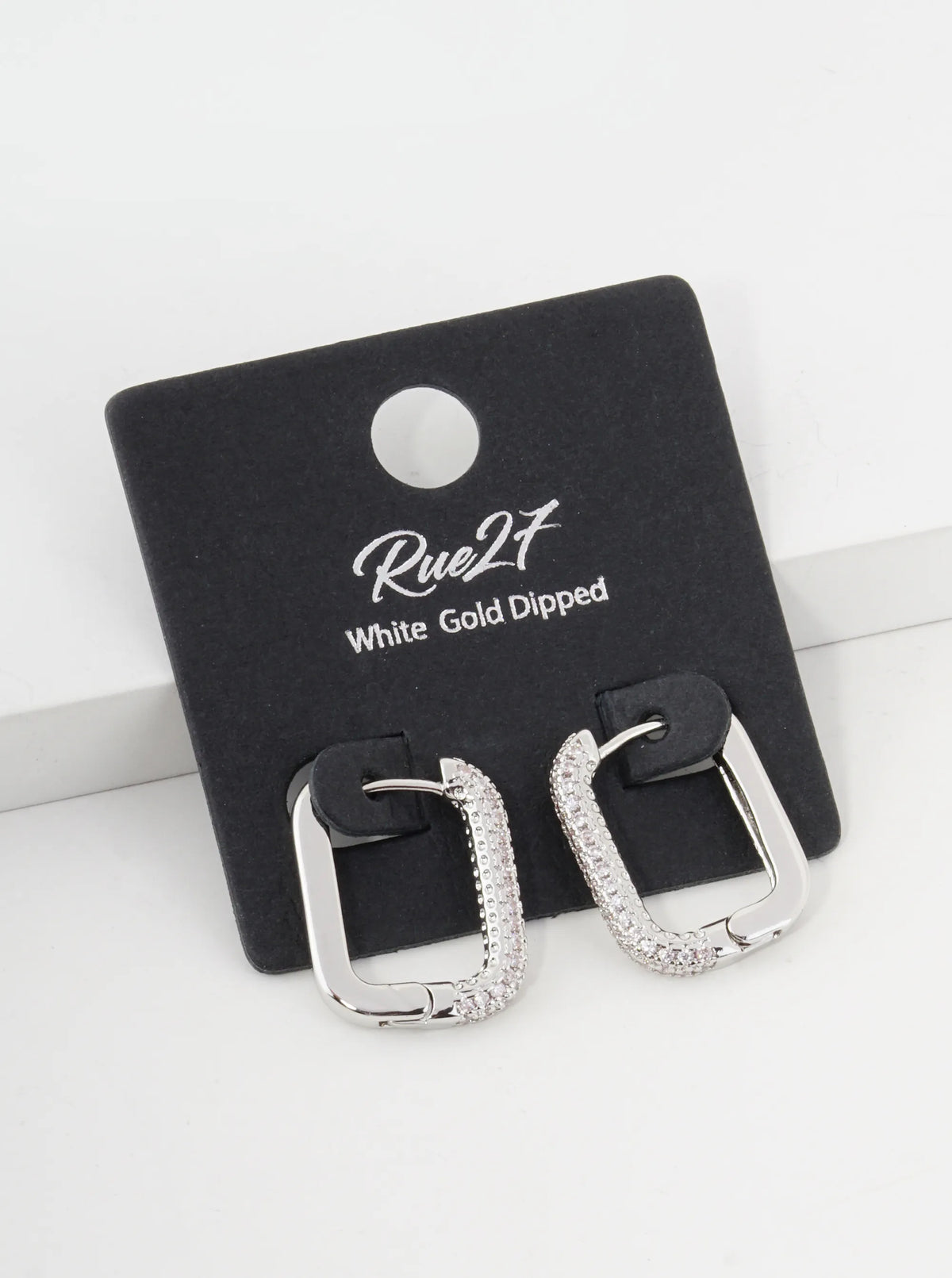 18K Gold Dipped Small Cubic Zirconia Pave Rectangular Drop 15mm Huggie Hoop Earrings Rhodium