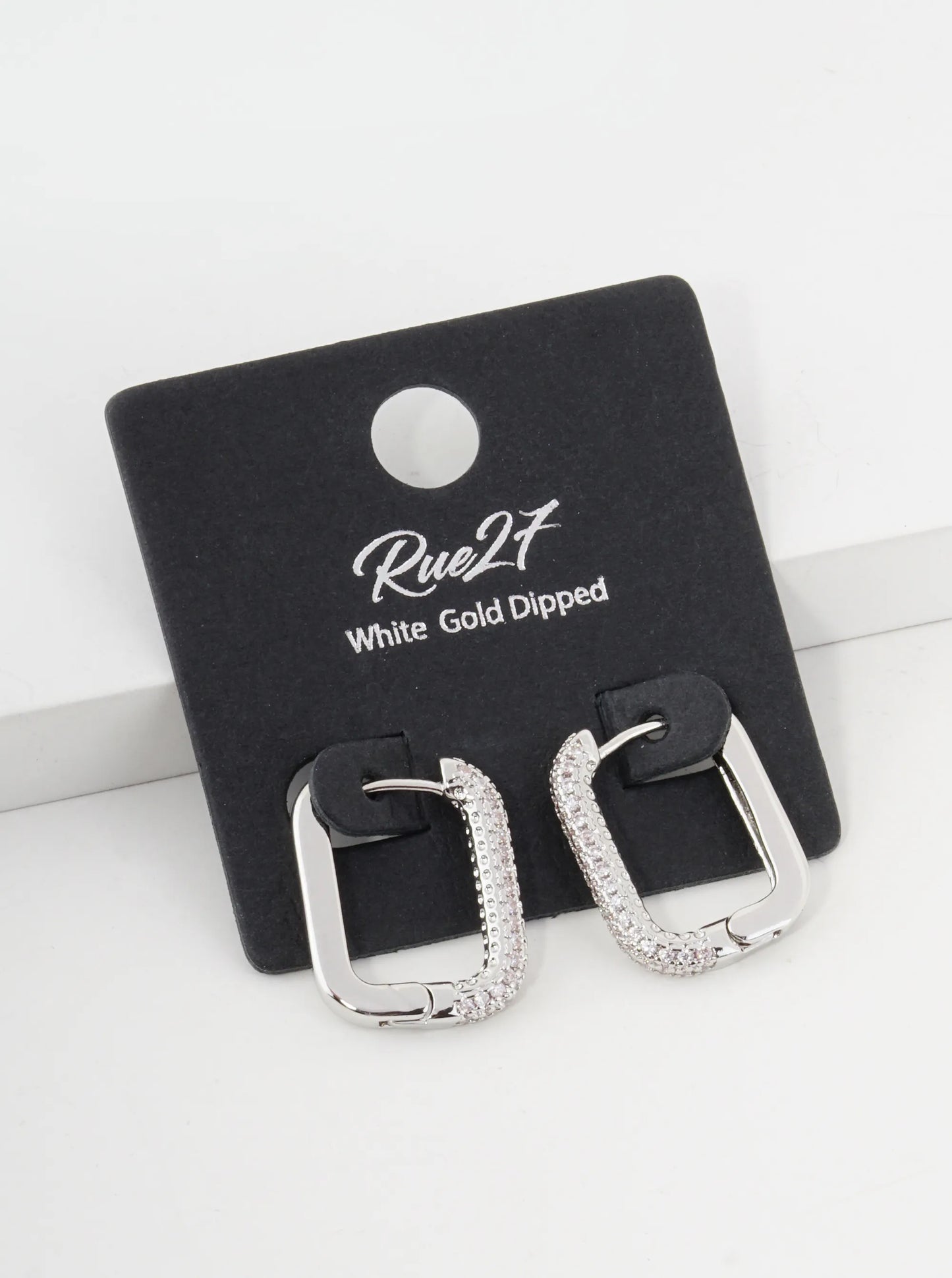 18K Gold Dipped Small Cubic Zirconia Pave Rectangular Drop 15mm Huggie Hoop Earrings