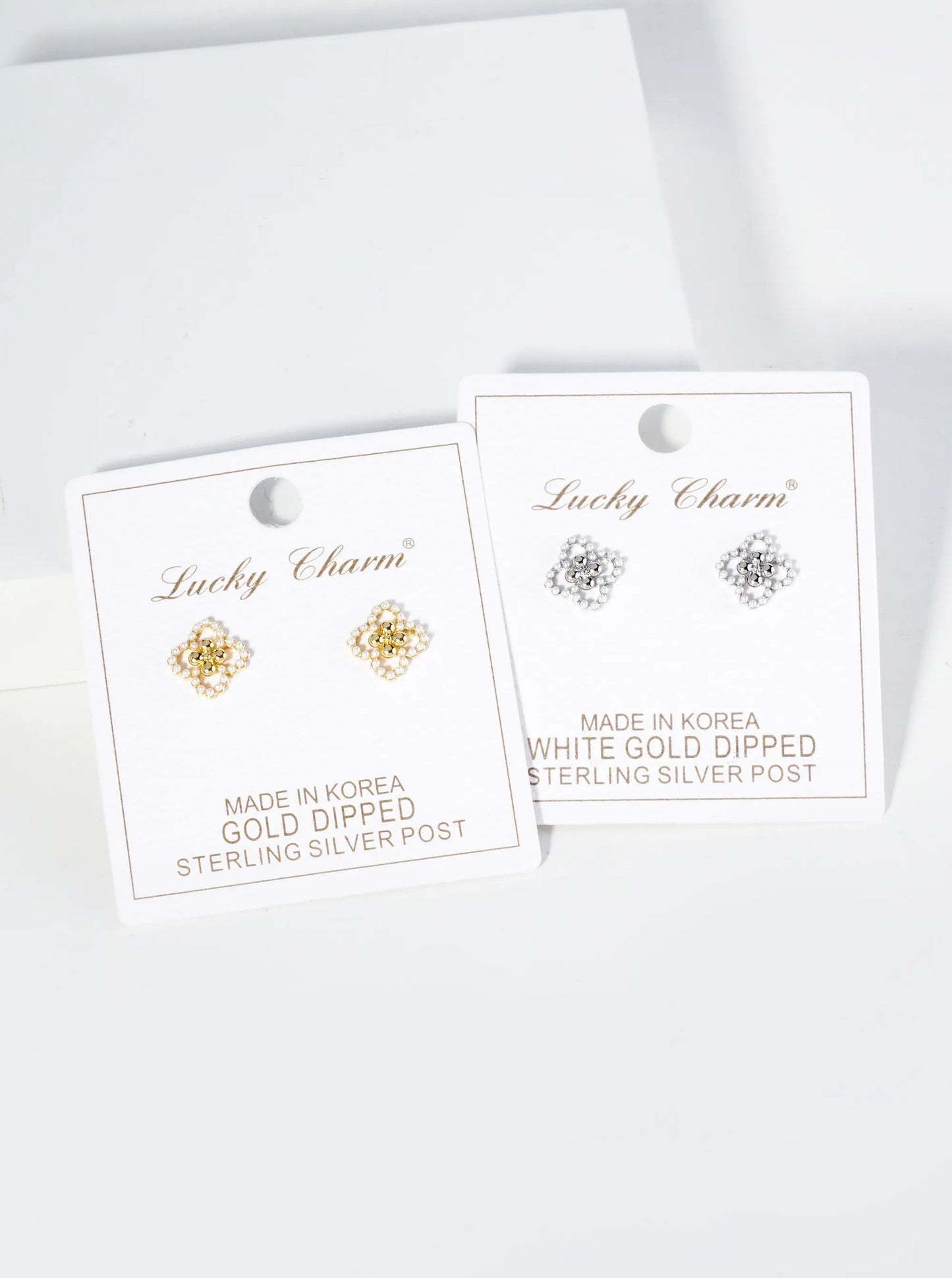 18K Gold Dipped Small Pearl Beaded Quatrefoil Stud Earrings