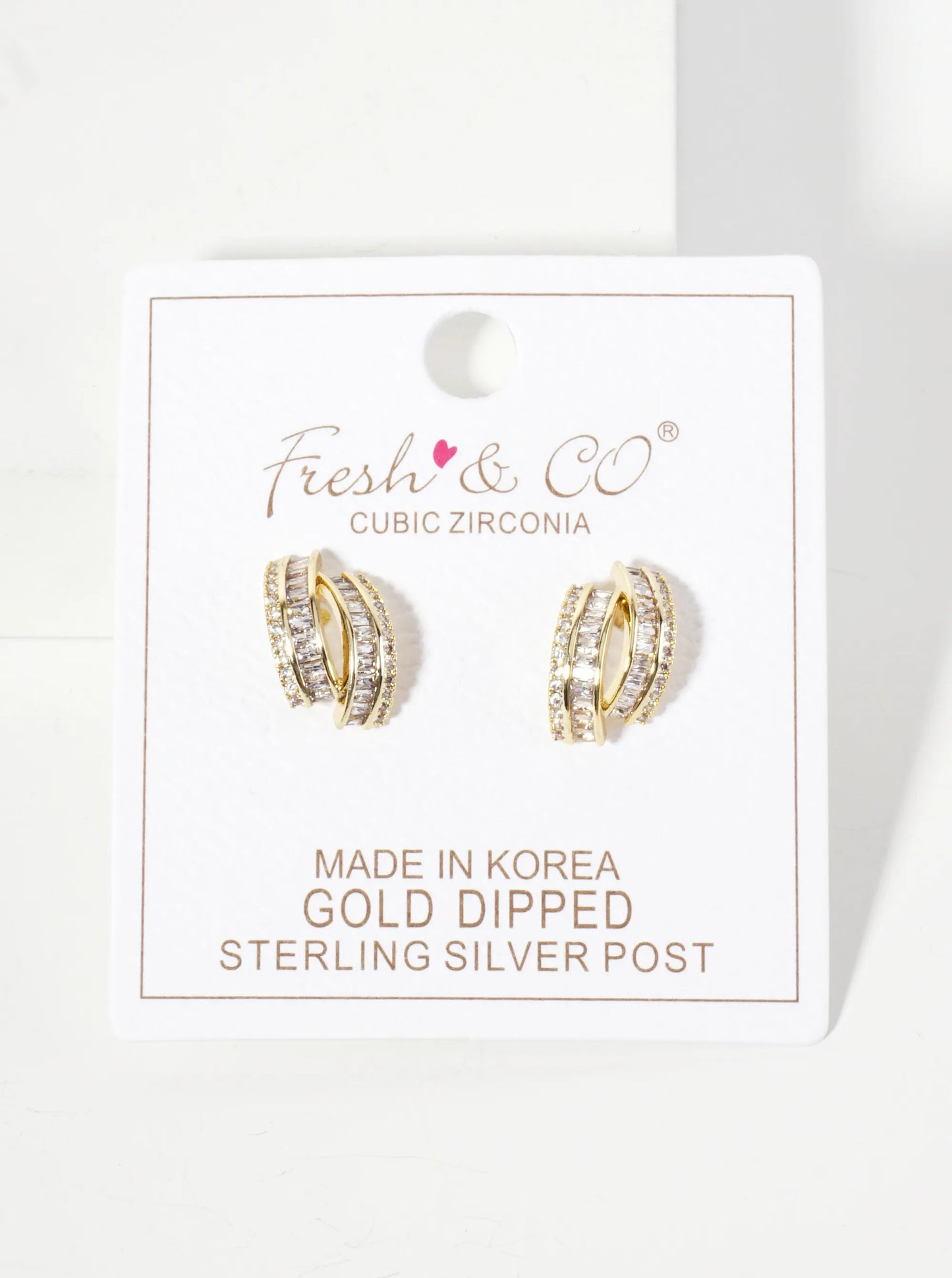 18K-Gold-Dipped Soft-Curve Stud Earrings With Dual-Row Pave CZ Setting