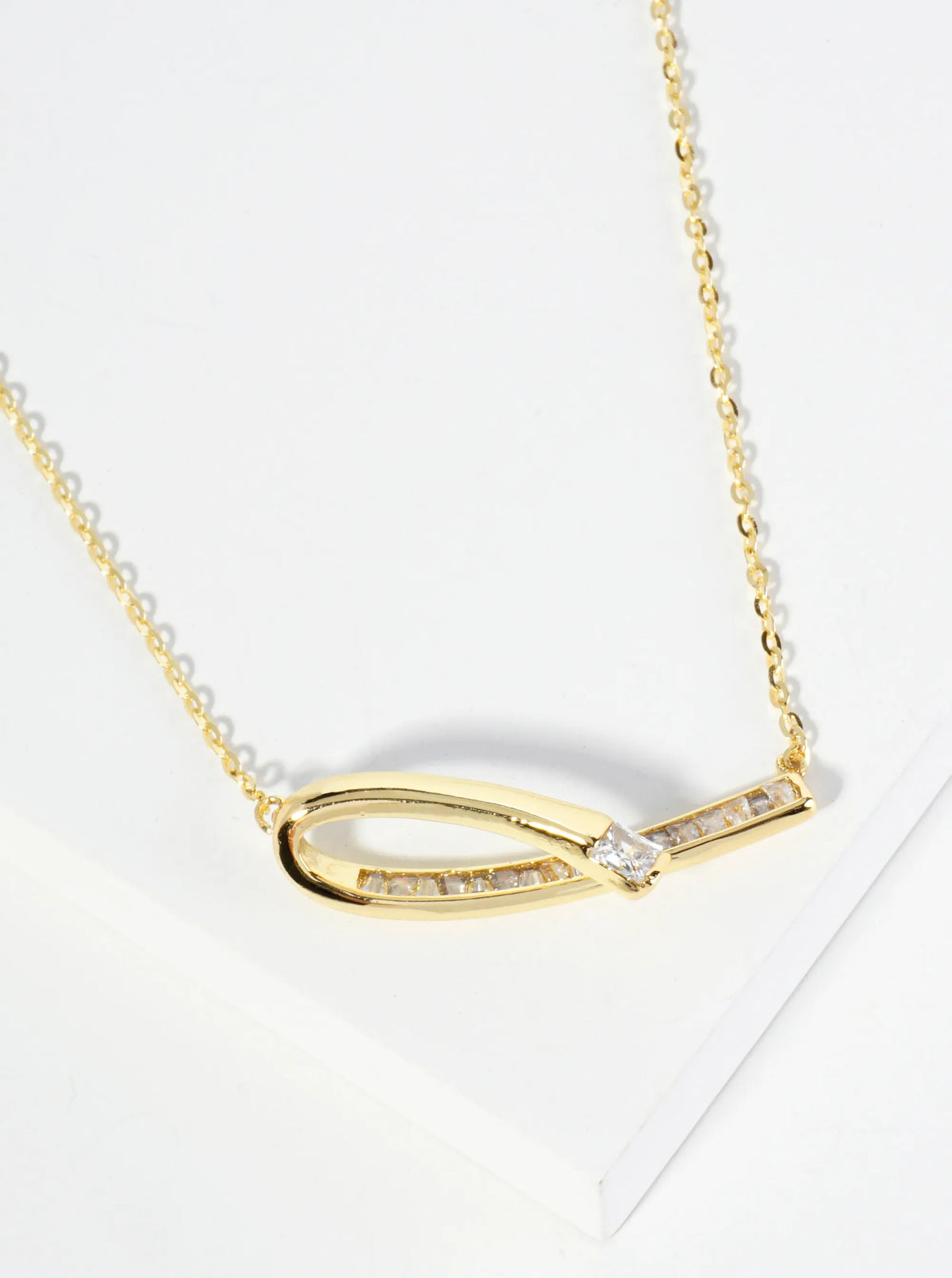 18K Gold Dipped Square CZ Embedded Curved Bar Pendant Necklace