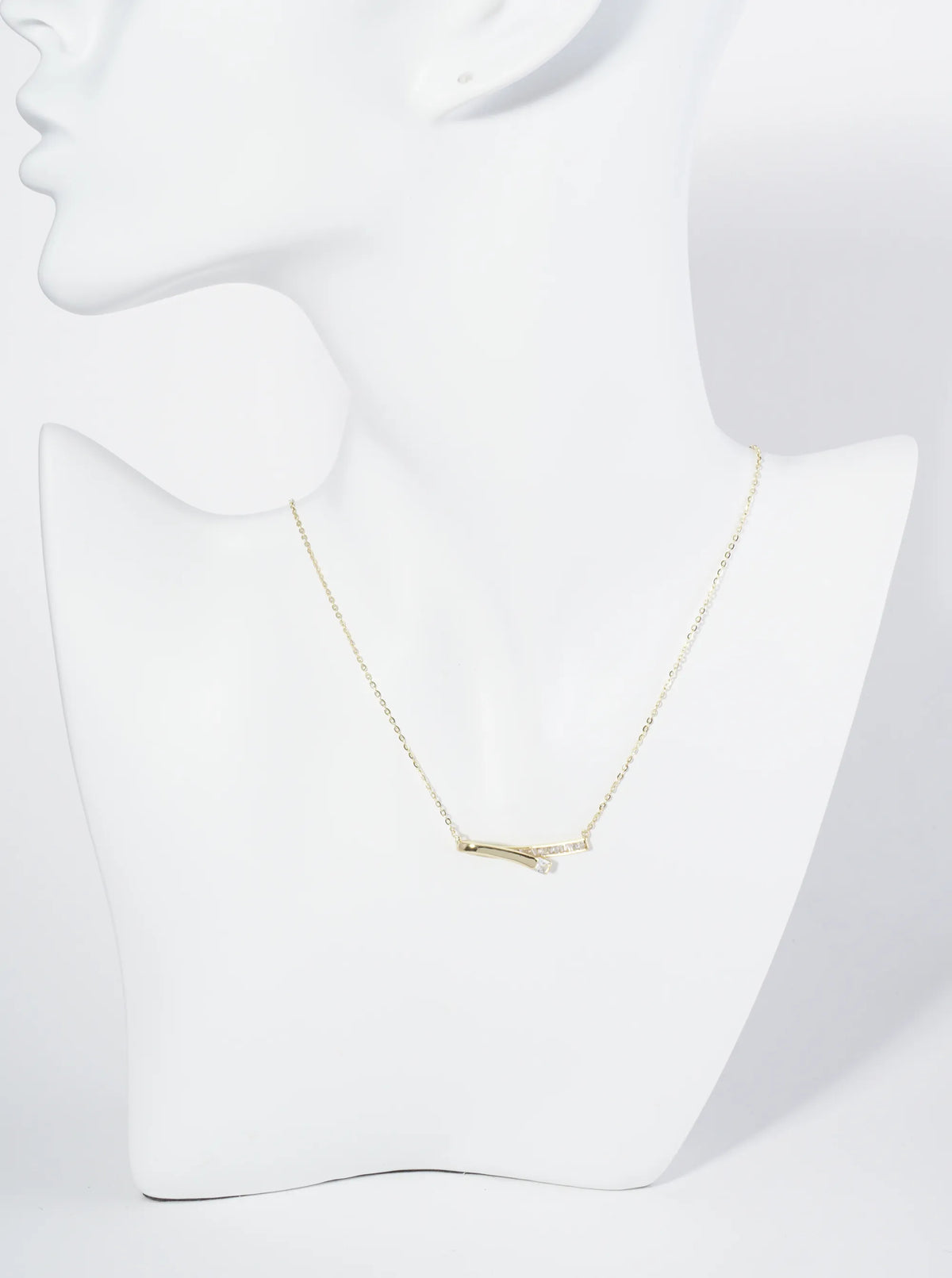 18K Gold Dipped Square CZ Embedded Curved Bar Pendant Necklace