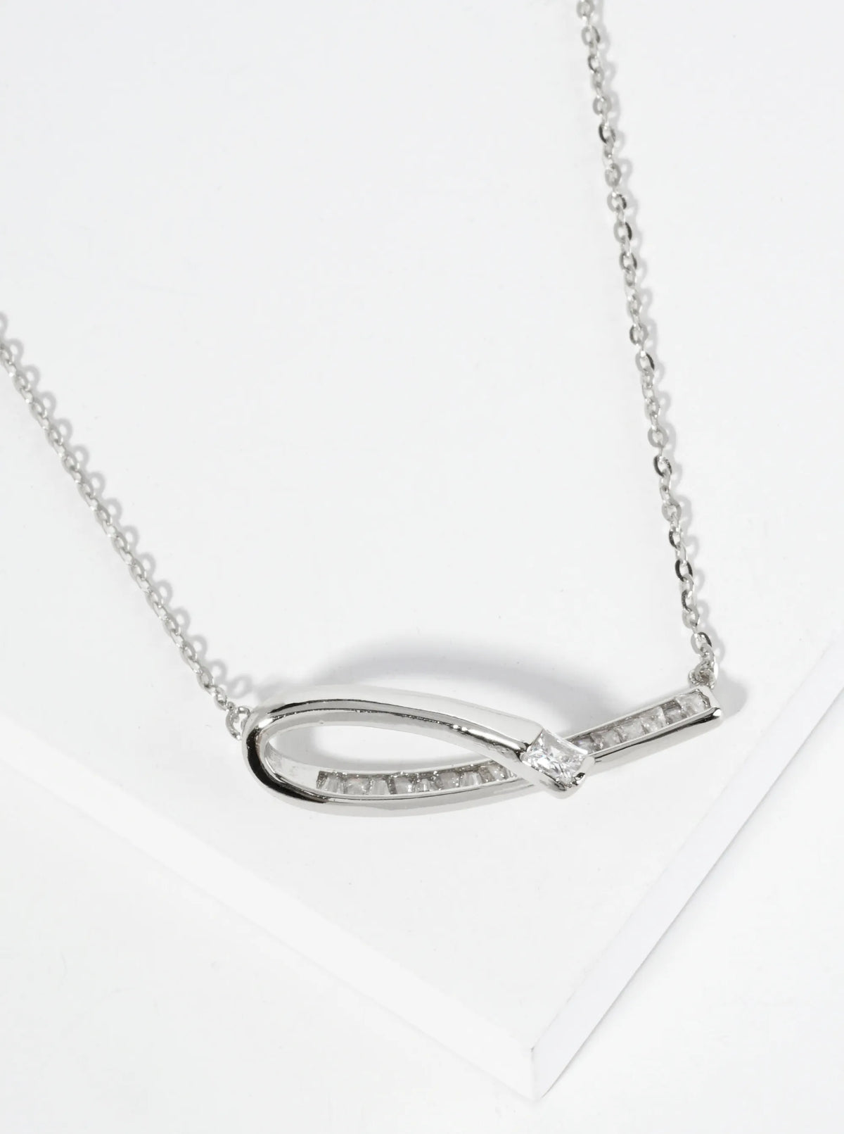 18K Gold Dipped Square CZ Embedded Curved Bar Pendant Necklace
