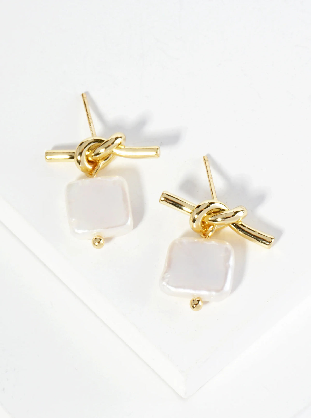 18K Gold Dipped Square Freshwater Pearl Drop Love Knot Post Earrings