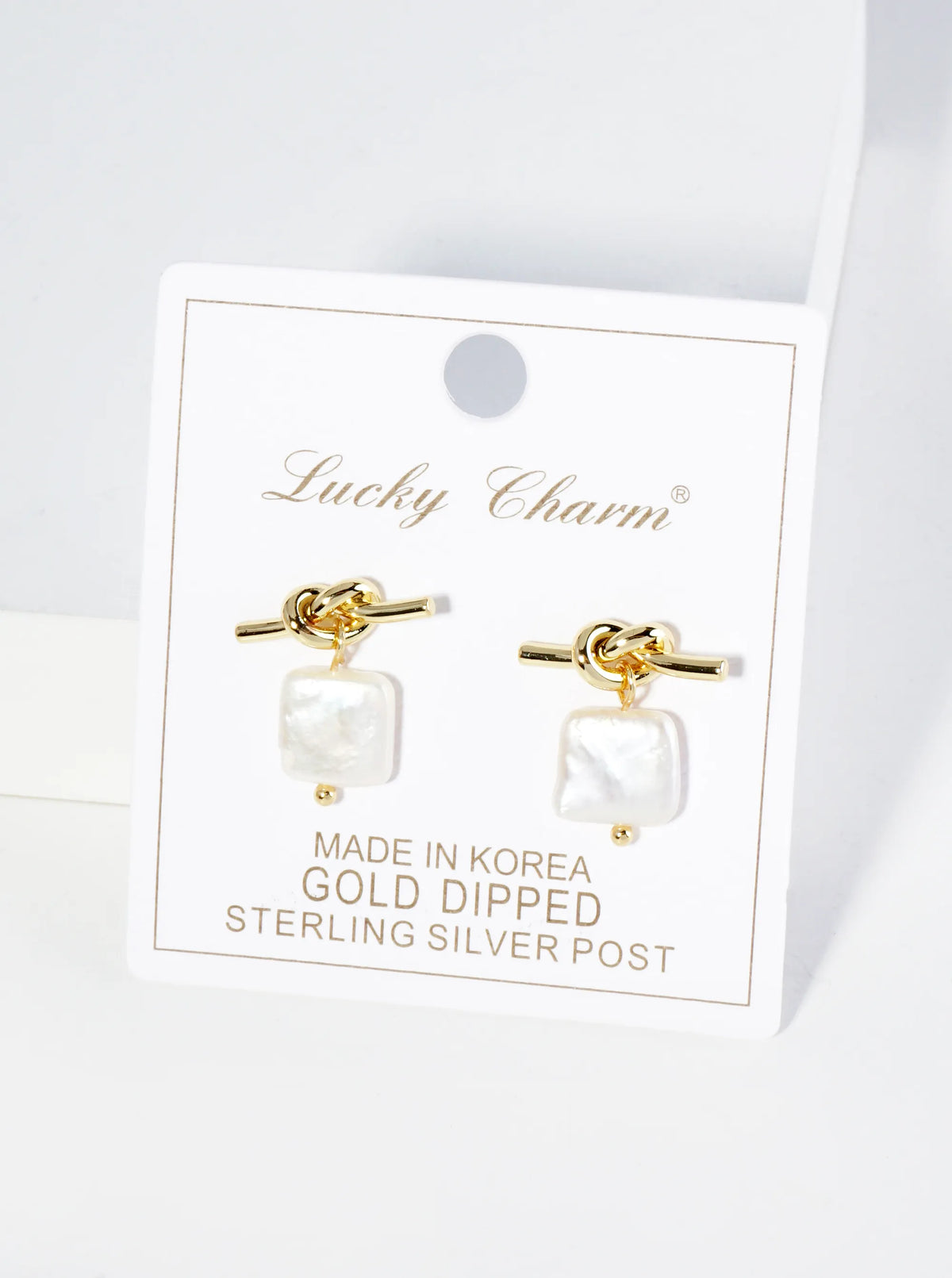 18K Gold Dipped Square Freshwater Pearl Drop Love Knot Post Earrings