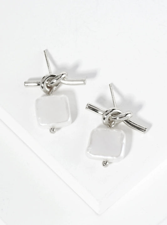 18K Gold Dipped Square Freshwater Pearl Drop Love Knot Post Earrings
