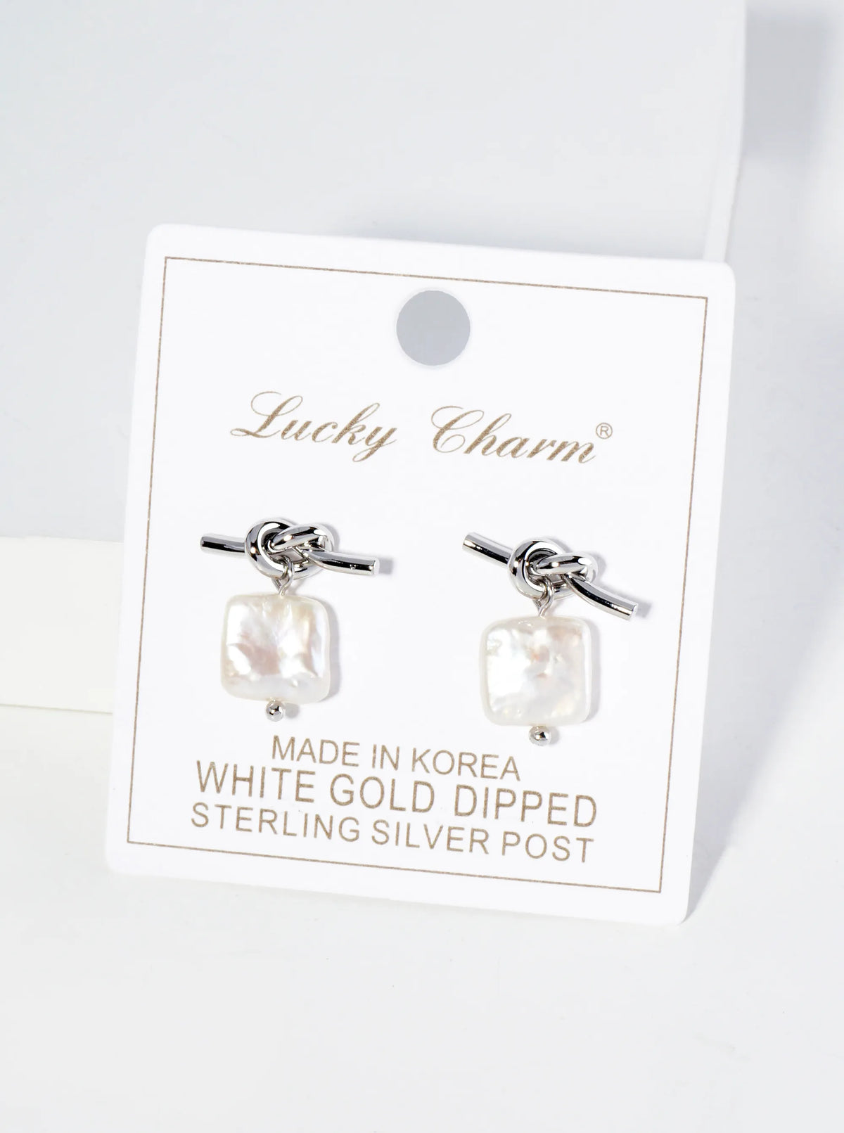 18K Gold Dipped Square Freshwater Pearl Drop Love Knot Post Earrings